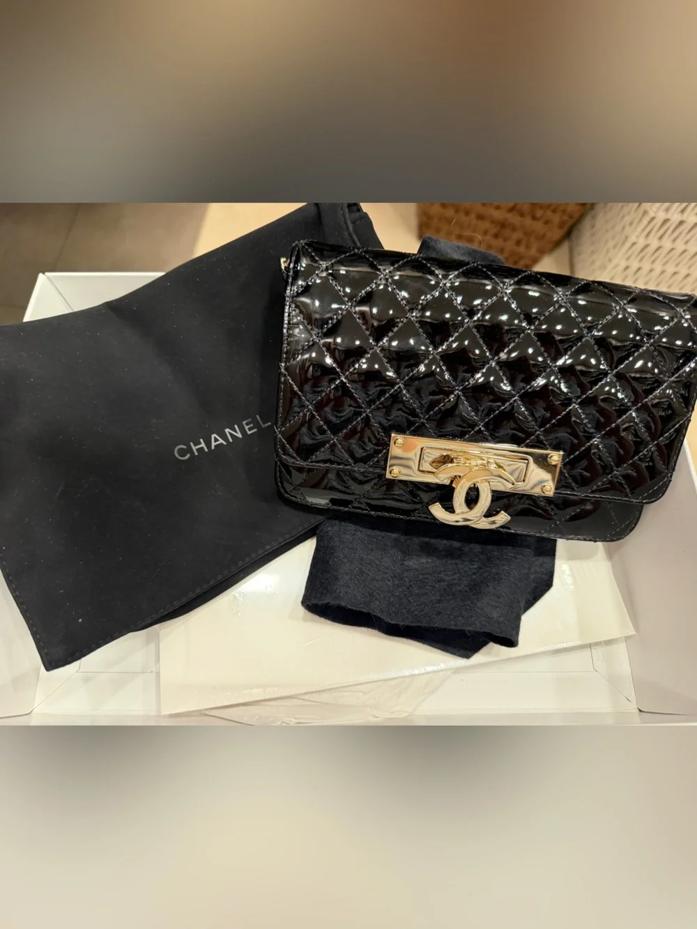 CHANEL Black Patent Crossbody Wallet On Chain Flap Bag with Gold Hardware